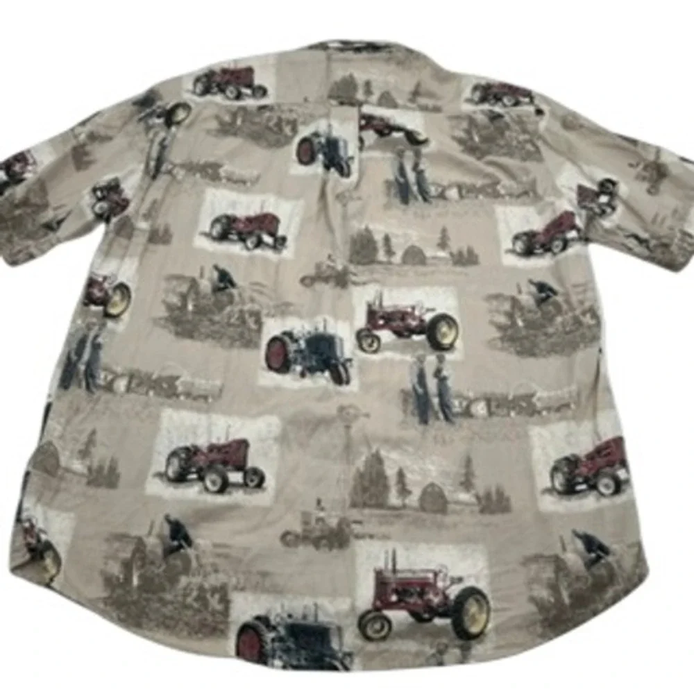 Bit & Bridle Mens Tractor Print Button Down Shirt Tan Cotton Short Sleeve M